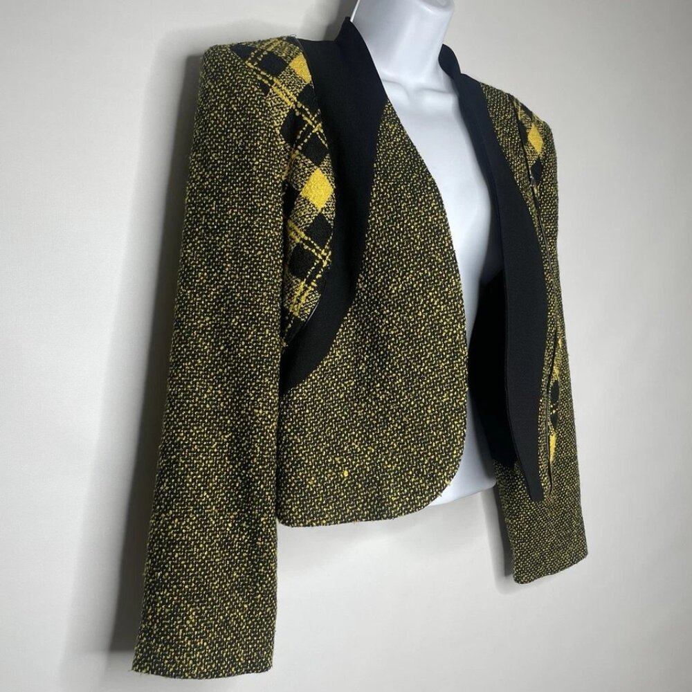 Vintage 90s City Girl Black Yellow Tweed Plaid Cropped Open Front Blazer Size 6 - Picture 3 of 10